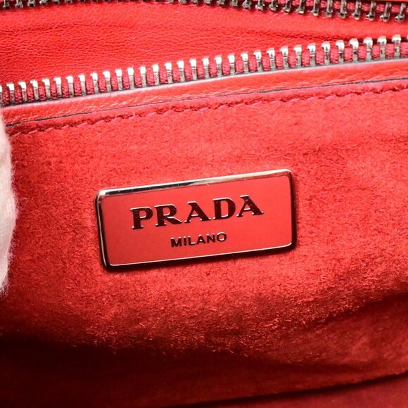 PRADA Logo 2Way Shoulder Hand Bag Glace Calf Leather Red Fuoco SHW Italy - Picture 12 of 14